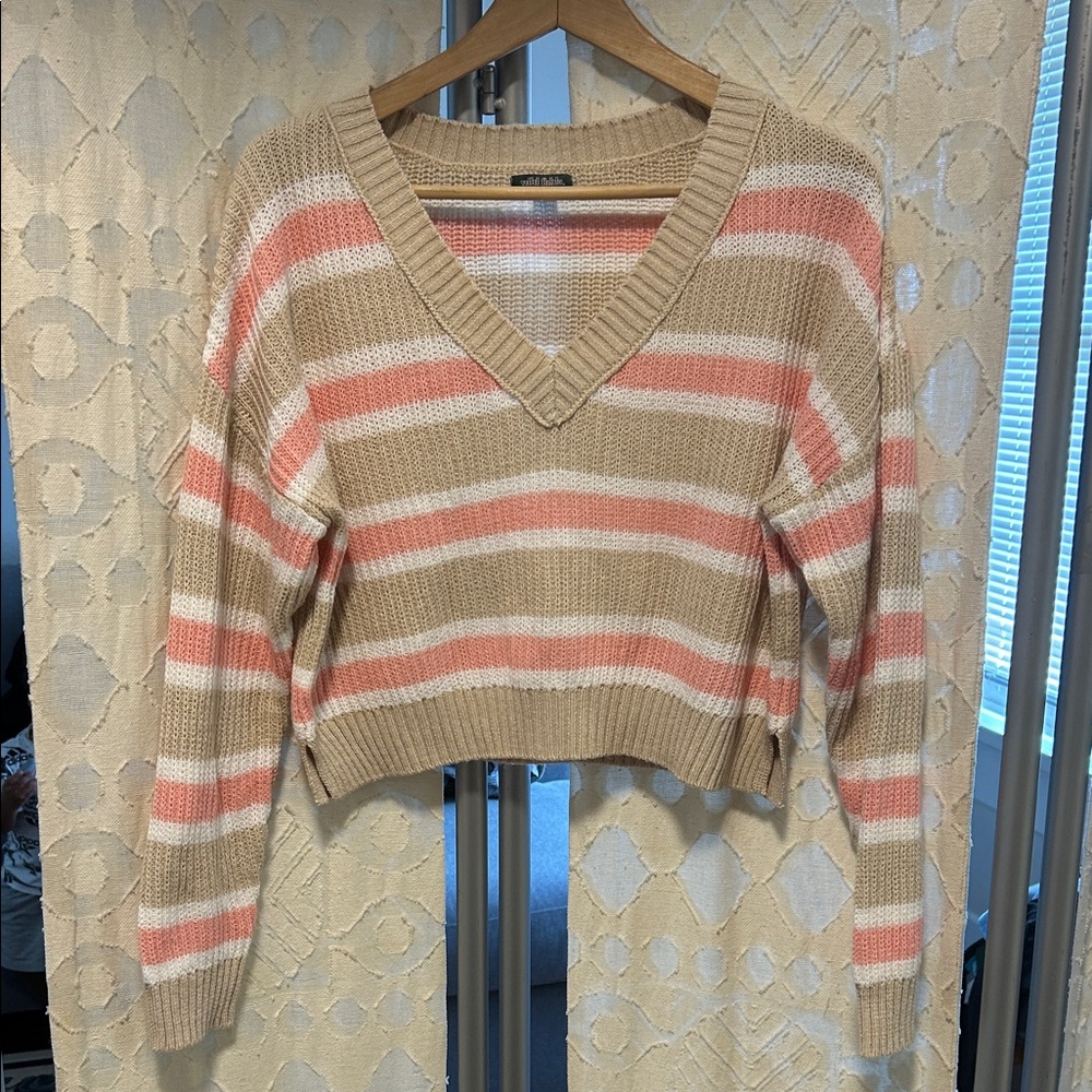 Wild Fable V-Neck Sweater - Tan and Pink Stripes